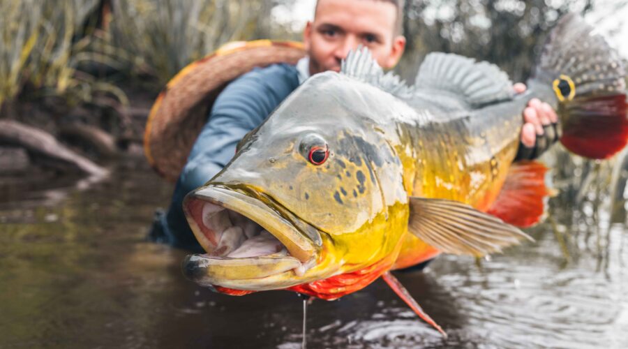 Angler catching a large Peacock Bass in Colombia's pristine waters - showcasing a trophy-sized fish during a premier fly fishing trip.